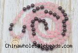 GMN6152 Knotted 8mm, 10mm rose quartz & garnet 108 beads mala necklace with charm