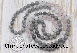 GMN6156 Knotted 8mm, 10mm labradorite, rose quartz & white moonstone 108 beads mala necklace with charm