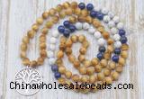 GMN6157 Knotted 8mm, 10mm golden tiger eye, lapis lazuli & matte white howlite 108 beads mala necklace with charm