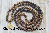 GMN6158 Knotted 8mm, 10mm yellow tiger eye, garnet & smoky quartz 108 beads mala necklace with charm