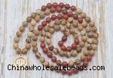 GMN6160 Knotted 8mm, 10mm picture jasper & red jasper 108 beads mala necklace with charm