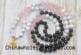 GMN6162 Knotted 8mm, 10mm black agate, rose quartz & white howlite 108 beads mala necklace with charm