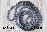 GMN6164 Knotted 8mm, 10mm blue spot stone & black lava 108 beads mala necklace with charm