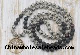 GMN6165 Knotted 8mm, 10mm dalmatian jasper, black lava & garnet 108 beads mala necklace with charm