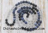 GMN6166 Knotted 8mm, 10mm matte sodalite, white crystal  & black agate 108 beads mala necklace with charm