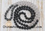GMN6167 Knotted 8mm, 10mm black labradorite, matte rose quartz  & black agate 108 beads mala necklace with charm