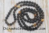 GMN6169 Knotted 8mm, 10mm black lava, smoky quartz & golden tiger eye 108 beads mala necklace with charm