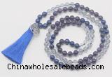 GMN6200 Knotted amethyst, white crystal & lapis lazuli 108 beads mala necklace with tassel & charm