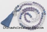 GMN6201 Knotted amethyst, white crystal & lapis lazuli 108 beads mala necklace with tassel & charm