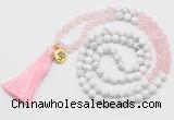 GMN6202 Knotted rose quartz & white howlite 108 beads mala necklace with tassel & charm