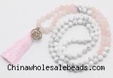 GMN6203 Knotted matte rose quartz & white howlite 108 beads mala necklace with tassel & charm