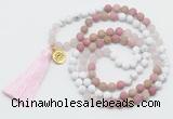 GMN6204 Knotted white howlite, pink jasper & rose quartz 108 beads mala necklace with tassel & charm