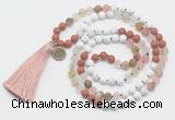 GMN6205 Knotted white howlite, cherry quartz & red jasper 108 beads mala necklace with tassel & charm