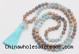 GMN6207 Knotted 8mm, 10mm matte amazonite & jasper 108 beads mala necklace with tassel & charm