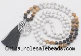 GMN6208 Knotted matte white howlite & mixed gemstone 108 beads mala necklace with tassel & charm
