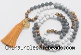 GMN6209 Knotted matte white howlite & black labradorite 108 beads mala necklace with tassel & charm