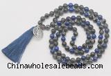 GMN6212 Knotted black labradorite & lapis lazuli 108 beads mala necklace with tassel & charm