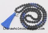 GMN6214 Knotted black lava & lapis lazuli 108 beads mala necklace with tassel & charm