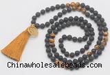 GMN6215 Knotted black lava & yellow tiger eye 108 beads mala necklace with tassel & charm