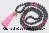 GMN6216 Knotted black lava & red tiger eye 108 beads mala necklace with tassel & charm
