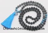 GMN6218 Knotted matte black agate, black labradorite & apatite 108 beads mala necklace with tassel & charm