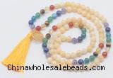 GMN6220 Knotted 7 Chakra honey jade 108 beads mala necklace with tassel & charm