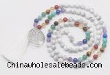 GMN6221 Knotted 7 Chakra white howlite 108 beads mala necklace with tassel & charm