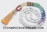 GMN6222 Knotted 7 Chakra white howlite 108 beads mala necklace with tassel & charm