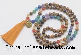 GMN6223 Knotted 7 Chakra yellow tiger eye 108 beads mala necklace with tassel & charm
