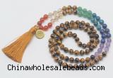 GMN6224 Knotted 7 Chakra 8mm, 10mm yellow tiger eye 108 beads mala necklace with tassel & charm