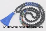 GMN6228 Knotted 7 Chakra black lava & lapis lazuli 108 beads mala necklace with tassel & charm