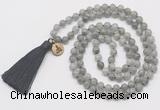 GMN6232 Knotted 8mm, 10mm labradorite 108 beads mala necklace with tassel & charm