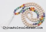 GMN6235 Knotted 7 Chakra 8mm, 10mm white fossil jasper 108 beads mala necklace with tassel