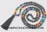 GMN6238 Knotted 7 Chakra 8mm, 10mm black labradorite 108 beads mala necklace with tassel