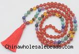 GMN6241 Knotted 7 Chakra 8mm, 10mm red agate 108 beads mala necklace with tassel