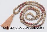 GMN6246 Knotted 8mm, 10mm matte picture jasper & red jasper 108 beads mala necklace with tassel