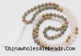 GMN6249 Knotted 8mm, 10mm unakite, white jade & hematite 108 beads mala necklace with tassel