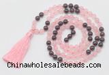 GMN6252 Knotted 8mm, 10mm rose quartz & garnet 108 beads mala necklace with tassel