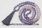 GMN6253 Knotted 8mm, 10mm amethyst, citrine & white crystal 108 beads mala necklace with tassel