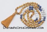 GMN6257 Knotted 8mm, 10mm golden tiger eye, lapis lazuli & matte white howlite 108 beads mala necklace with tassel