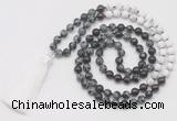 GMN6259 Knotted 8mm, 10mm snowflake obsidian, garnet & matte white howlite 108 beads mala necklace with tassel