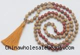 GMN6260 Knotted 8mm, 10mm picture jasper & red jasper 108 beads mala necklace with tassel
