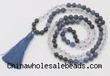 GMN6266 Knotted 8mm, 10mm matte sodalite, white crystal  & black agate 108 beads mala necklace with tassel