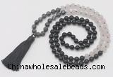 GMN6267 Knotted 8mm, 10mm black labradorite, matte rose quartz  & black agate 108 beads mala necklace with tassel