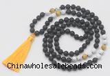 GMN6268 Knotted 8mm, 10mm black lava, matte white howlite & golden tiger eye 108 beads mala necklace with tassel