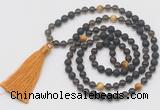 GMN6269 Knotted 8mm, 10mm black lava, smoky quartz & golden tiger eye 108 beads mala necklace with tassel