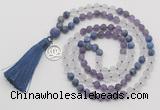 GMN6301 Knotted amethyst, white crystal & lapis lazuli 108 beads mala necklace with tassel & charm