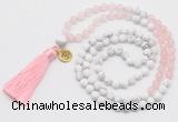 GMN6302 Knotted rose quartz & white howlite 108 beads mala necklace with tassel & charm