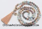 GMN6306 Knotted 8mm, 10mm matte mixed amazonite & jasper 108 beads mala necklace with tassel & charm