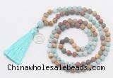 GMN6307 Knotted 8mm, 10mm matte amazonite & jasper 108 beads mala necklace with tassel & charm